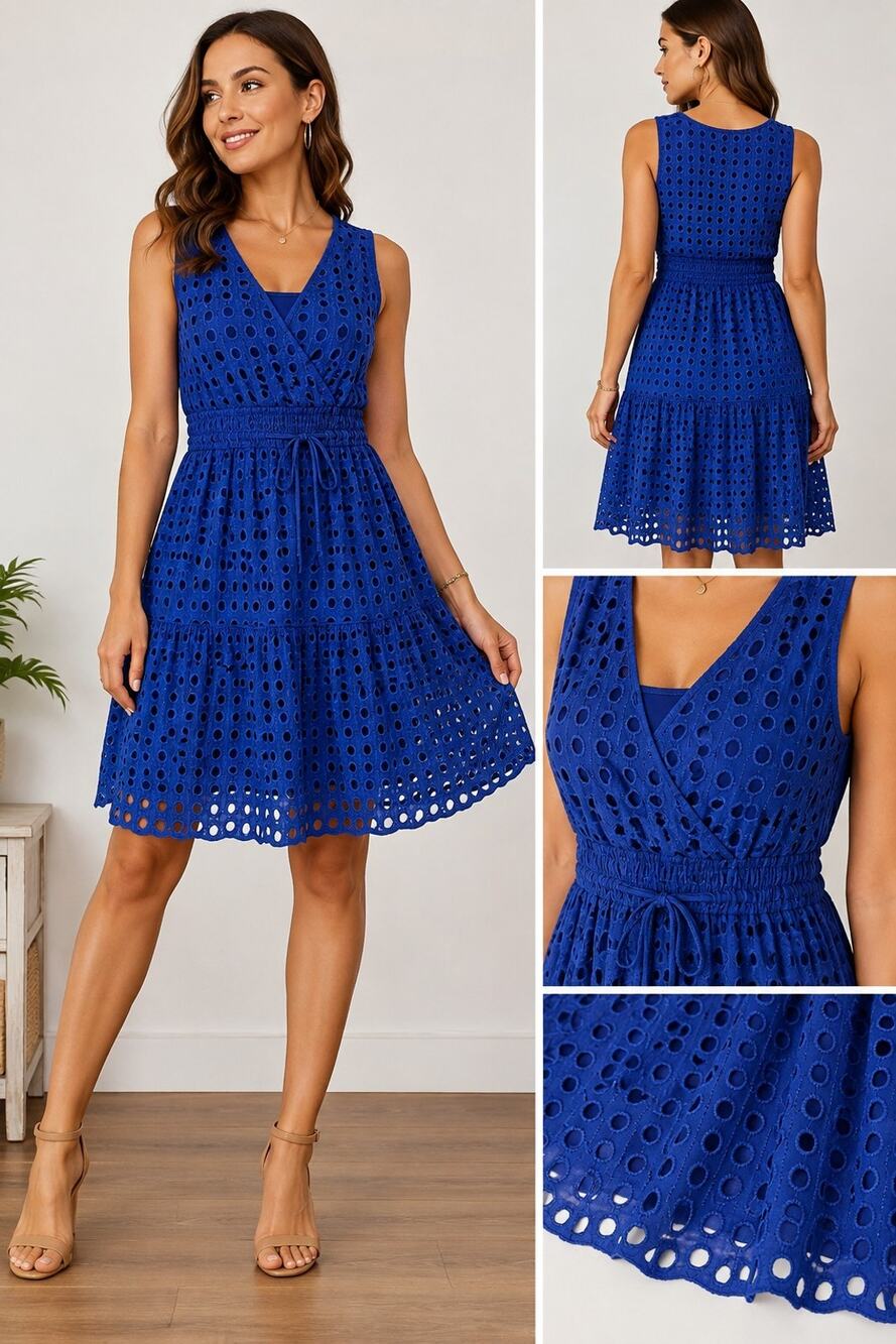 Simply Vera Vera Wang Women’s Blue Eyelet Dress Size S Sleeveless Tie Waist